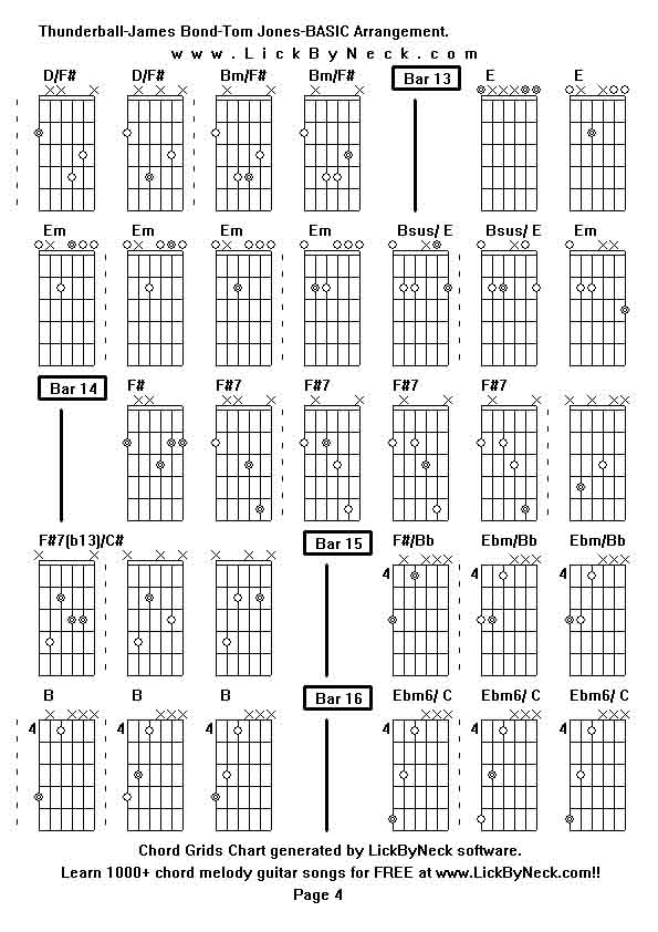 Chord Grids Chart of chord melody fingerstyle guitar song-Thunderball-James Bond-Tom Jones-BASIC Arrangement,generated by LickByNeck software.